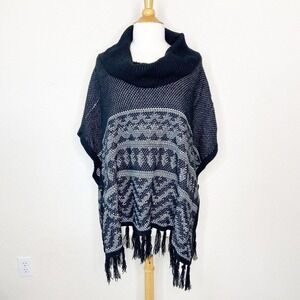 Indigo Black Button Side Fringe Cowl Neck Poncho L